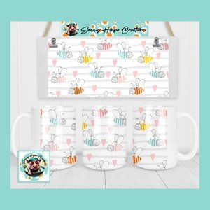 Ceramic Coffee Mug Colorful Striped Bumble Bees Pink Hearts 15oz Hand Sublimated